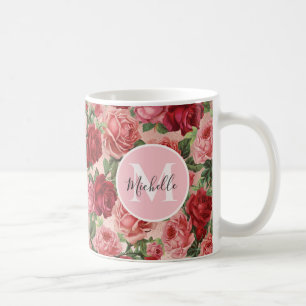 Antikes rosa rote Rose Blumen Monogramm Tasse
