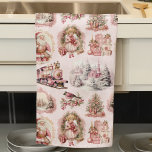 Antikes rosa Viktorianisches Weihnachtsküchentuch Geschirrtuch<br><div class="desc">Antique Pink Viktorianische Weihnachtsküche Handtuch — Dieses hübsche und einzigartige Küchenhandtuch zeichnet sich durch ein zartes, nahtloses Muster aus weichem Rosa, Elfenbein, Creme, Rose und weißer, filigraner antiker Viktorianischer Epoche aus vergangener Zeit aus, auf einem schwachen, puderrosa Hintergrund. Zu den grafischen Darstellungen zählen der Weihnachtsmann, Winterschnee, eine Lokomotivbahn, eine Kirche,...</div>