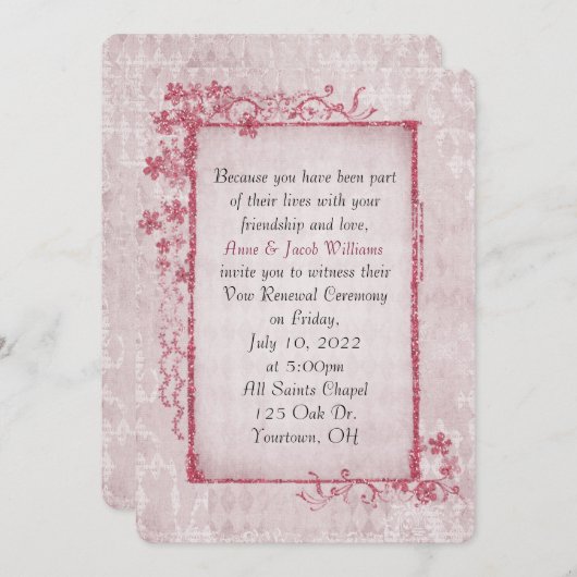 antikes, rosafarbenes Glitterbild mit Blumenrahmen Einladung (Vorne/Hinten)