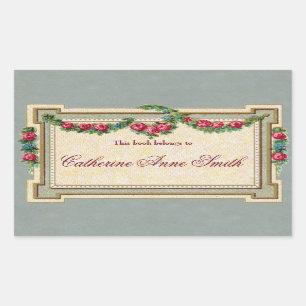 Antikes Rose-Gerahmtes Buchzeichen Rechteckiger Aufkleber