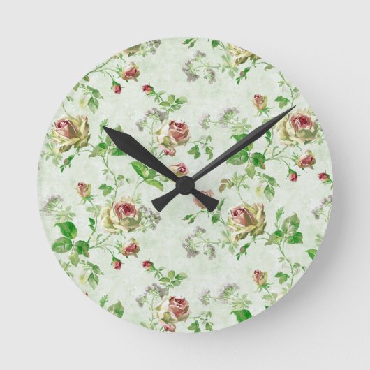 Antikes Rosenmuster in Rosa Runde Wanduhr (Vorderseite)