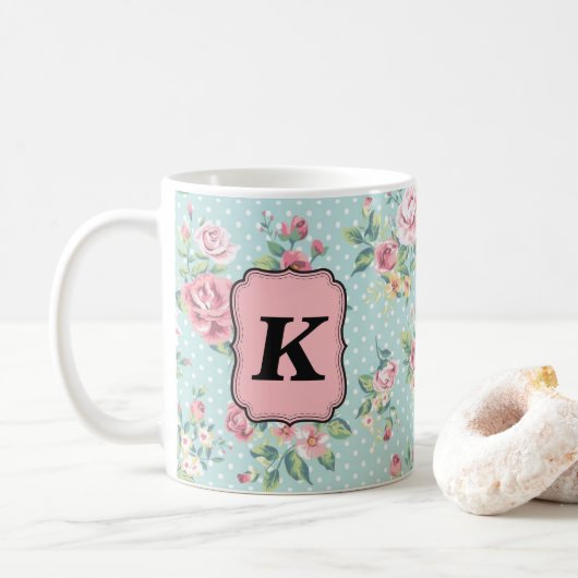 Antikes Rosenmuster mit Monogramm Kaffeetasse (Mit Donut)
