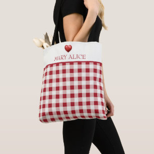 Antikes Rot und Creme Gingham mit Herz Tasche
