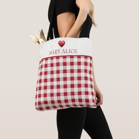Antikes Rot und Creme Gingham mit Herz Tasche (Von Nahem)