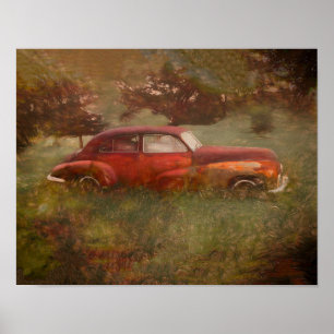 Antikes rotes Auto, antike alte rustikale Retro-Ku Poster