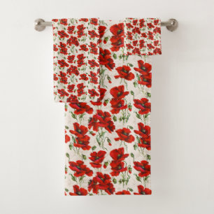 Antikes rotes Mohnblumen-Blumenmuster Botanische K Badhandtuch Set