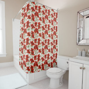 Antikes rotes Mohnblumen-Blumenmuster Botanische K Duschvorhang