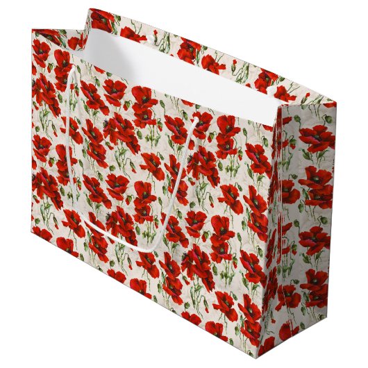 Antikes rotes Mohnblumen-Blumenmuster Botanische K Große Geschenktüte (Vorderseite Schrägansicht)