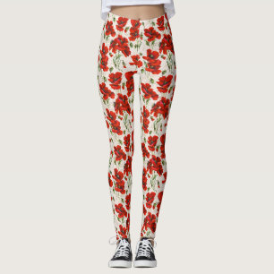 Antikes rotes Mohnblumen-Blumenmuster Botanische K Leggings
