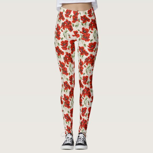 Antikes rotes Mohnblumen-Blumenmuster Botanische K Leggings (Vorderseite)