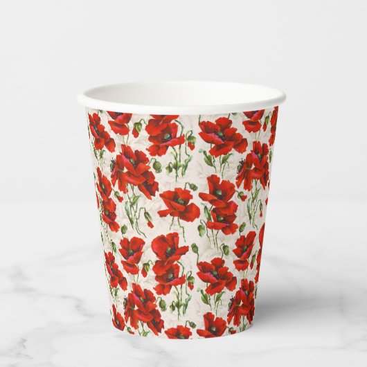 Antikes rotes Mohnblumen-Blumenmuster Botanische K Pappbecher (Vorderseite)