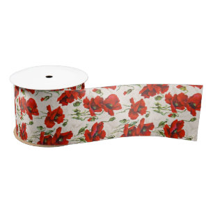 Antikes rotes Mohnblumen-Blumenmuster Botanische K Satinband