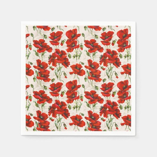 Antikes rotes Mohnblumen-Blumenmuster Botanische K Serviette (Vorderseite)
