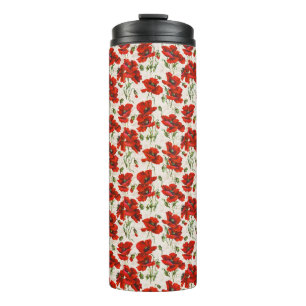 Antikes rotes Mohnblumen-Blumenmuster Botanische K Thermosbecher