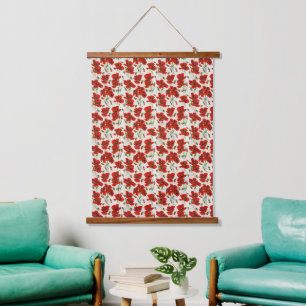 Antikes rotes Mohnblumen-Blumenmuster Botanische K Wandteppich Mit Holzrahmen