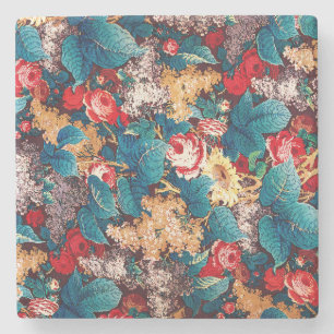 Antikes rotes Rosen- und Flieder-Blumenmuster Steinuntersetzer