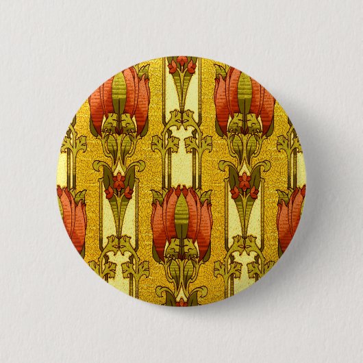 Antikes rotes Tulpen-Blumenmuster im Jugendstil Button (Vorderseite)