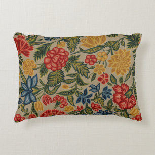 Antikes rotes und goldenes Crewel-Blumenmuster Dekokissen