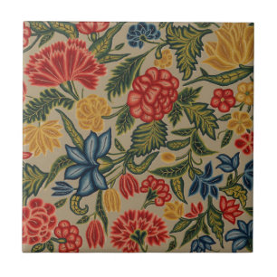 Antikes rotes und goldenes Crewel-Blumenmuster Fliese