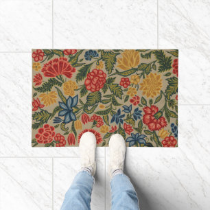Antikes rotes und goldenes Crewel-Blumenmuster Fußmatte