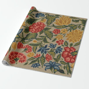 Antikes rotes und goldenes Crewel-Blumenmuster Geschenkpapier