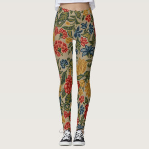 Antikes rotes und goldenes Crewel-Blumenmuster Leggings