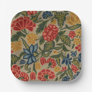 Antikes rotes und goldenes Crewel-Blumenmuster Pappteller