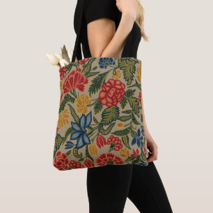 Antikes rotes und goldenes Crewel-Blumenmuster Tasche
