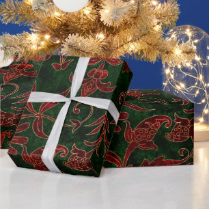 Antikes rotes und grünes florales Weihnachtsvelour Geschenkpapier