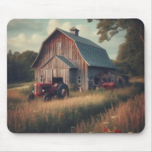 Antikes rustikales Bauernhaus und alte Traktoren Mousepad