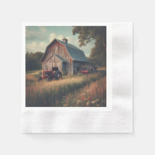 Antikes rustikales Bauernhaus und alte Traktoren Serviette
