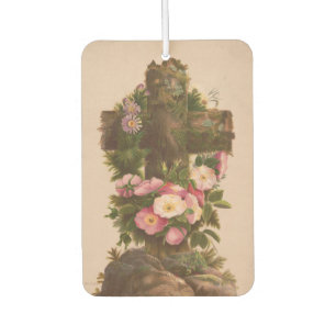 Antikes rustikales Kreuz, Wilde Rosen, Osterkarte, Autolufterfrischer