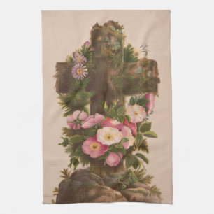 Antikes rustikales Kreuz, Wilde Rosen, Osterkarte, Geschirrtuch