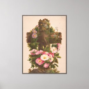 Antikes rustikales Kreuz, Wilde Rosen, Osterkarte, Leinwanddruck