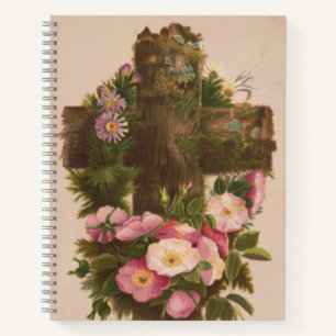 Antikes rustikales Kreuz, Wilde Rosen, Osterkarte, Notizblock