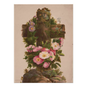 Antikes rustikales Kreuz, Wilde Rosen, Osterkarte, Poster