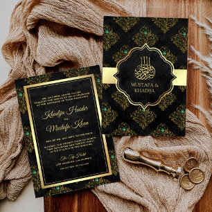 Antikes Rustikales Schwarz Gold Damast Muslimische Einladung