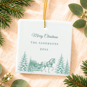 Antikes Sagen-Grün-Christmas-Toile-Pferdeschlitten Keramikornament