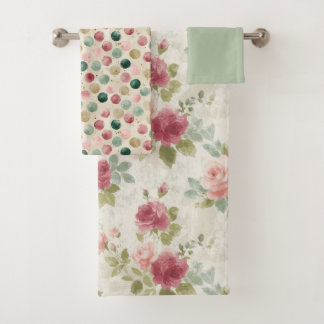 Antikes Salbei- und Rosa Blumen-Wasserfarbenmuster Badhandtuch Set