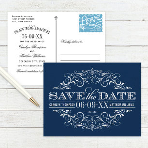 Antikes "Save the Date" in Marineblau mit Ornament Ankündigungspostkarte