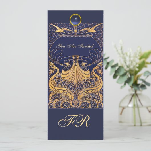 Antikes Schiff, Delphine, Gelb, Navy Blue Monogram Einladung (Stehend Vorderseite)