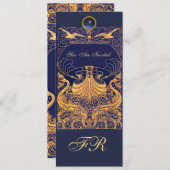 Antikes Schiff, Delphine, Gelb, Navy Blue Monogram Einladung (Vorne/Hinten)