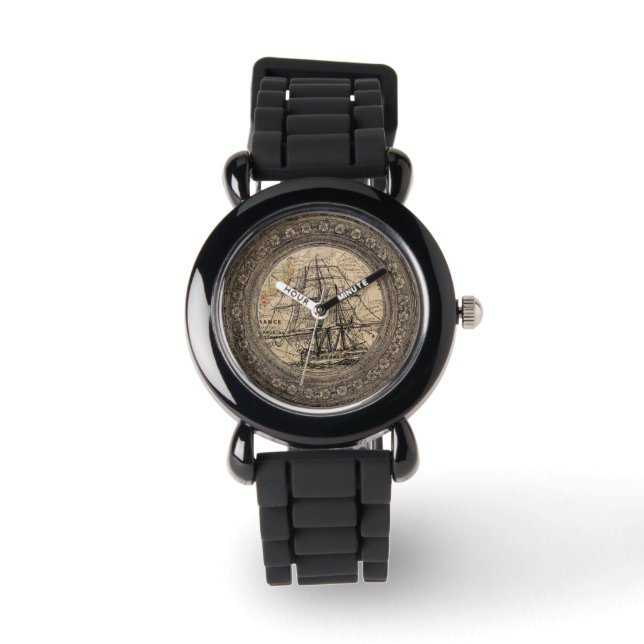 Antikes Schiff und Karte Armbanduhr (Vorderseite)