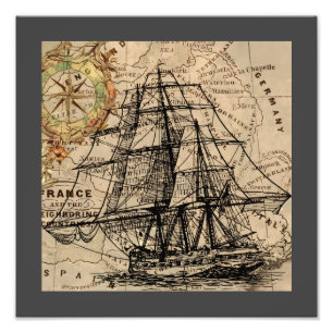 Antikes Schiff und Karte Fotodruck