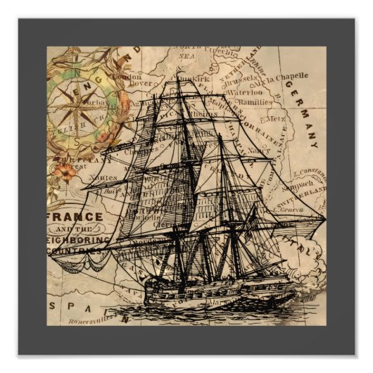 Antikes Schiff und Karte Fotodruck (Vorne)