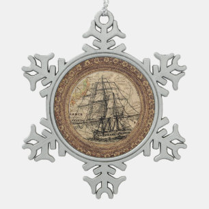 Antikes Schiff und Karte Schneeflocken Zinn-Ornament