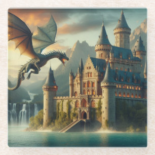 Antikes Schloss unter Angriff eines fliegenden Dra Glasuntersetzer