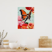 Antikes Schmetterlingsfee Mädchen Rosa Rose Blumig Poster (Küche)