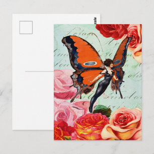 Antikes Schmetterlingsfee Mädchen Rosa Rose Blumig Postkarte