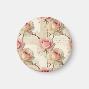 Antikes Schriftmuster mit blassrosa Rose Magnet